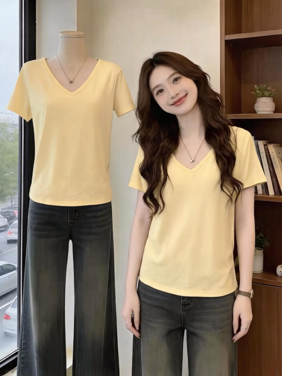 Áo phông nữ cổ tim tay ngắn chất cotton mát