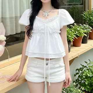 Áo babydoll kiểu nữ trễ vai tay phồng tiểu thư croptop trắng đen vải voan dễ thương VANISA CT431