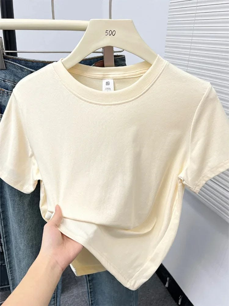 Áo thun cotton form ôm cổ tròn basic màu kem