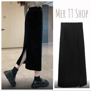 Chân váy nữ xẽ sau suông cạp cao dáng dài 80cm tôn dáng chất thun cotton dày co giãn 4 chiều che khuyết điểm A10